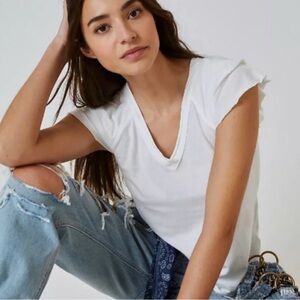 Anthropologie White V-Neck Flutter Sleeve T-Shirt